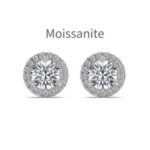 Classic Halo Moissanite stud earrings in 925 sterling silver with round cut stones