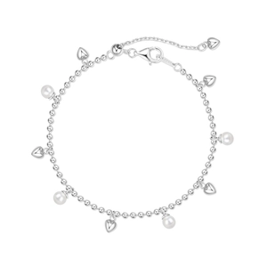 Élégant bracelet en argent fin S925 avec perles blanches et pendentifs cœurs