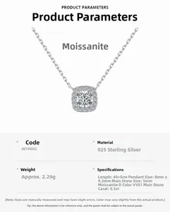 Détail macro du collier en argent sterling S925 avec moissanite taille coussin