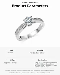 Detail of 0.5ct D color moissanite ring in 925 silver with a classic six-prong setting