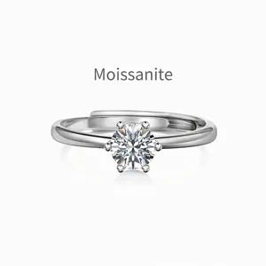S925 Sterling Silver Solitaire Moissanite Ring For Women D Color VVS1 Six-Prong Setting Adjustable Wedding Ring Jewelry Gift