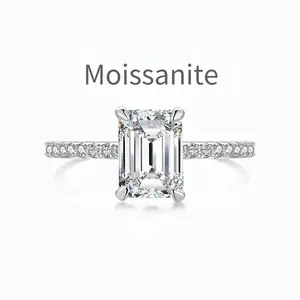 S925 Sterling Silver Emerald Cut Moissanite Ring With Zirconia Pave Luxurious Engagement Wedding Band For Women Jewelry