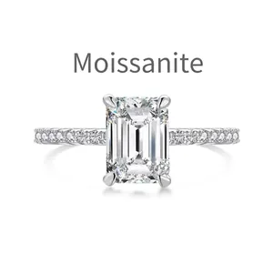 S925 sterling silver ring with 2 carat emerald-cut moissanite and pave setting