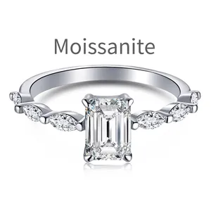 Classic S925 sterling silver ring with emerald cut moissanite and side stones