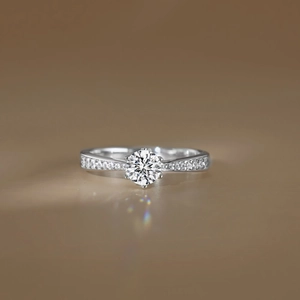 Close-up of a classic six-prong S925 sterling silver ring with a 0.5 carat moissanite diamond