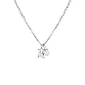 925 Sterling Silver Artificial Pearl Zircon Necklace Square Clear Stone Pendant Elegant Gold Silver Curb Chain For Women Jewelry