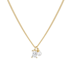 Gold S925 silver necklace featuring a rectangular crystal pendant and a round white pearl