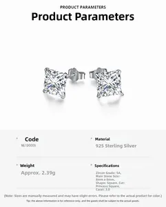 Detail of 925 sterling silver princess cut square zircon earrings with 8mm stone dimensions