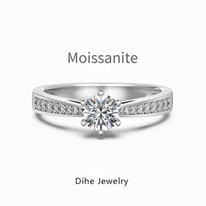 925 Sterling Silver Moissanite Ring For Women 0.5ct D Color Round Zirconia Six-Prong Engagement Wedding Jewelry Ring