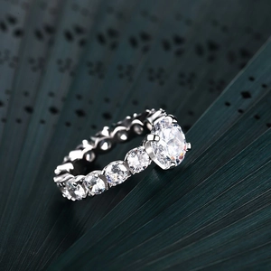 Close-up of a brilliant 2-carat round cut diamond ring with S925 silver pave setting
