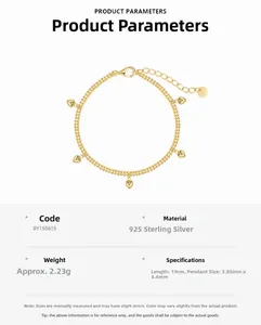 Vue détaillée du bracelet cœur à double rang en argent 925 doré avec dimensions