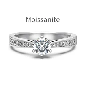 Elegant S925 silver moissanite engagement ring with six-prong setting and side diamonds