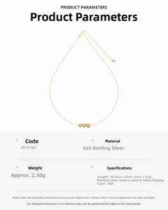 Technical drawing and detail of S925 sterling silver golden bead necklace with measurements