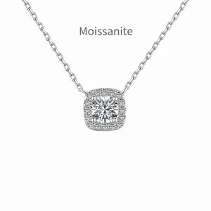 Collier en Argent Sterling 925 Moissanite pour Femme Carré Halo D Couleur VVS1 Pendentif Collier Mariage Fête Bijoux de Mode