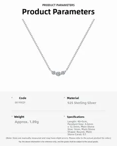 Detail view of s925 sterling silver necklace with three round cut moissanite stones