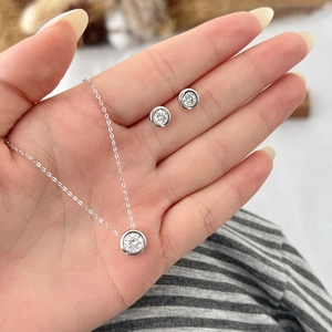 925 Sterling Silver Round Moissanite Bezel Setting Jewelry Set For Women Elegant Necklace Earrings Bracelet Wedding Gift