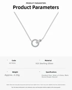 Detail of S925 sterling silver interlocking rings necklace with shimmering round-cut stones