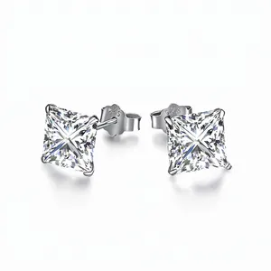 925 Sterling Silver Princess Cut Square Zirconia Stud Earrings For Women White Gold Plated Classic Geometric Jewelry Gift