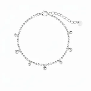 Bracelet Chaîne à Perles Minimaliste en Argent Sterling 925 Avec Pendentifs Cœur et Charmes Boule Ronde Bijoux Femme