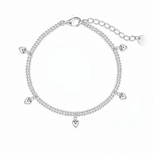 Bracelet en Argent Sterling 925 Chaîne à Billes Double Rangée pour Femme Élégant Bracelet à Breloque Cœur Bijoux Géométriques Électroplaqués