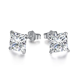 Sparkling S925 sterling silver square stud earrings with 3-carat princess cut zircons