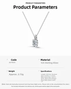 Detail view of 1.5ct oval moissanite pendant necklace specs on S925 sterling silver chain