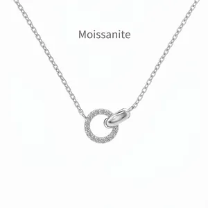 925 Sterling Silver Necklace For Women Double Interlocking Rings Rhinestone Pendant Clavicle Chain Jewelry Gift