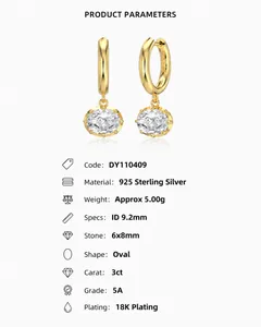 Detail of 925 sterling silver oval zircon earrings with 18K gold plating specifications