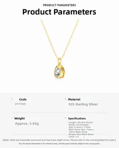 Détail du collier en argent 925 avec pendentif en zircone cubique 5A en forme de poire