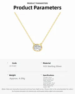 Detail view of 925 sterling silver oval zircon necklace with 45cm 18K gold plated chain