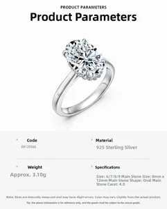 Détails de la bague moissanite ovale 4,0 ct en argent 925 et spécifications techniques
