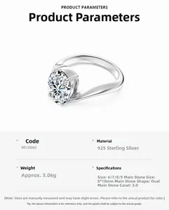 Detailed specs of the S925 sterling silver ring with 3 carat oval cut moissanite stone