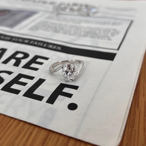 Detailed close-up of S925 silver ring featuring a 3-carat oval moissanite in a wrap setting