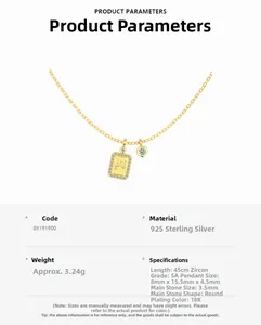 Detailed specifications of S925 sterling silver gold necklace with cubic zirconia pendant
