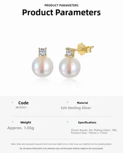 Detail of S925 sterling silver moonstone stud earrings with zirconia and 18K gold plating