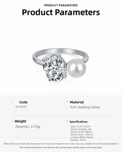 Détail de la bague en argent S925 avec zircon ovale 5A et perle blanche de 6mm