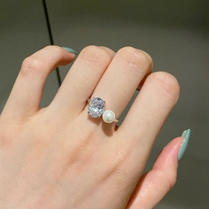 Bague en argent sterling S925 avec zircon ovale brillant et perle ronde blanche