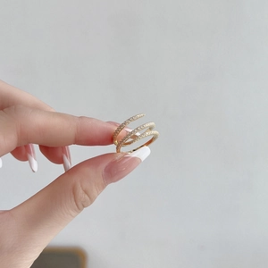 Elegant gold S925 sterling silver triple layer spiral ring with pavé micro zircons for women