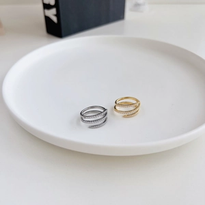 Minimalist S925 sterling silver spiral rings with three-layer pave-set cubic zirconia