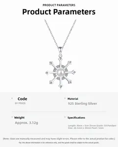 Macro detail of S925 silver snowflake pendant with 5mm pearl and 5A zircon inlay