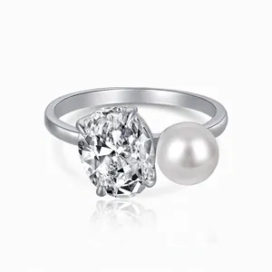 Bague en Argent Sterling 925 avec Künstliche Perle pour Femme Style Français Élégant Bague Double Pierre Zircon Ovale Bijoux Cadeau