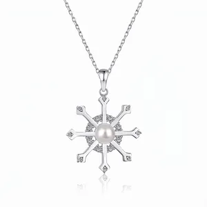 Snowflake Pendant Necklace With 925 Sterling Silver White Artificial Pearl Zircon Elegant Winter Jewelry Gift For Women