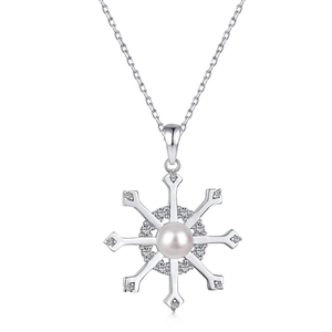 Elegant S925 silver snowflake necklace with a center pearl and sparkling zircon accents