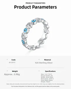 Detail view of S925 silver Evil Eye ring with heart zircon and product specifications