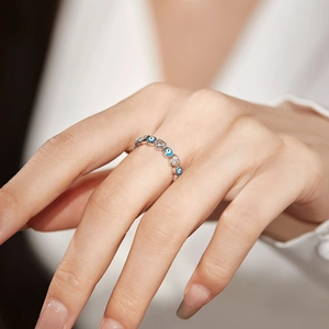 S925 sterling silver evil eye ring with blue enamel and heart-shaped cubic zirconia