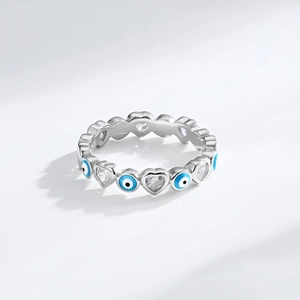 Elegant S925 sterling silver heart ring with evil eye enamel and sparkling zircon stones