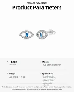 Détails des boucles d'oreilles Evil Eye en argent S925 avec zircon bleu marquise
