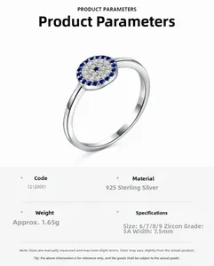 Macro view of S925 sterling silver evil eye ring showing 5A blue and white zircon stones