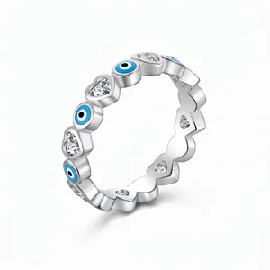 925 Sterling Silver Evil Eye Heart Ring For Women Sparking Zirconia Inlaid Blue Enamel Band Ring Niche Fashion Jewelry Gift