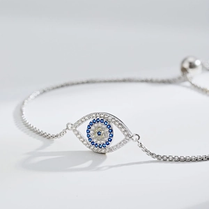 Bracelet œil bleu S925 en argent ajustable orné de pierres en zircone cubique blanches